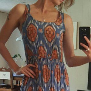 Batik style rayon hi-lo dress with ruffle trim